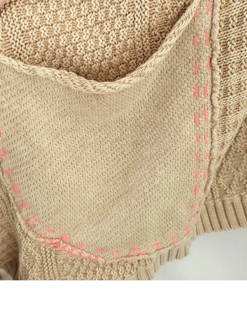 Free People All Washed Out Sand Tan Cardigan Pink Stitching Detail Size S - Picture 9 of 12